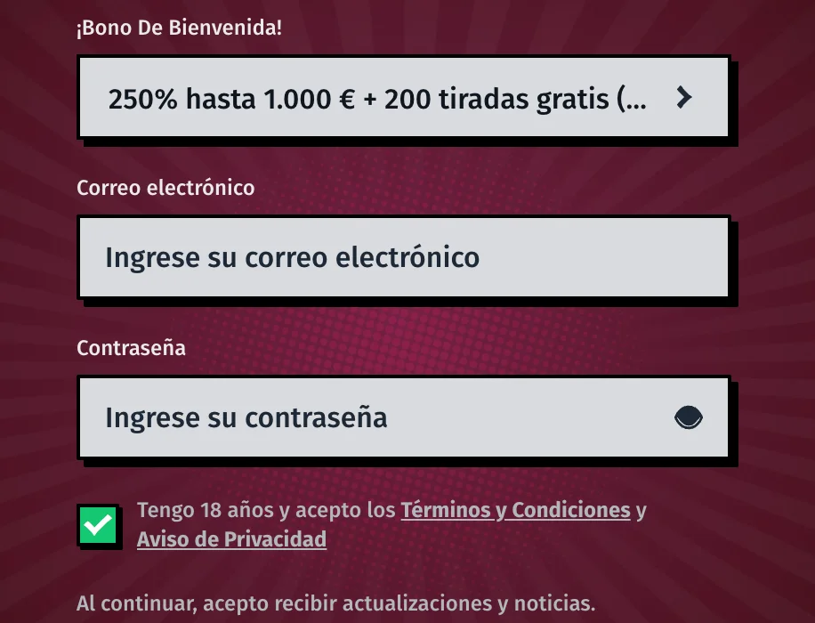 Formulario de registro e inicio de sesión en AllySpin Casino